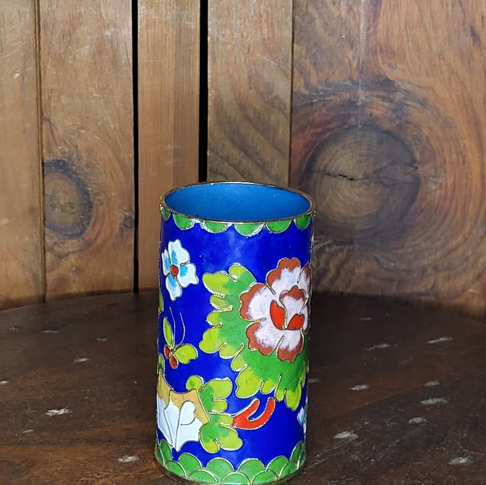 Floral Blue and Green Cloisonné Vase - Picture 9 of 14